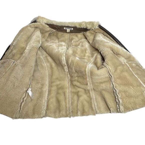 Express vintage Y2K brown leather faux fur lined zip up jacket size 8 - Picture 10 of 13